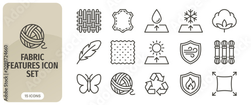 Photos Fabric features icon set, textile properties, clothing material characteristics,