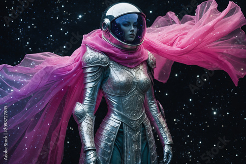 Woman humanoid in futuristic space suit, person on future sci-fi tomorrow background AI Generative