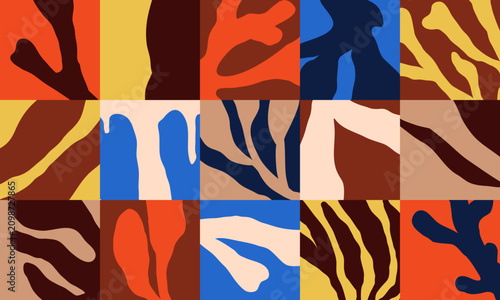 Abstract organic shapes pattern. Modern retro style grid tiles with leaf, pla...