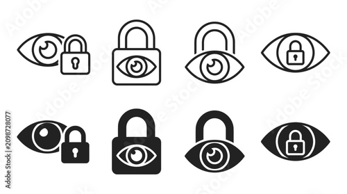 Eye vision and security padlock icons set representing data protection and privacy with security protection interface