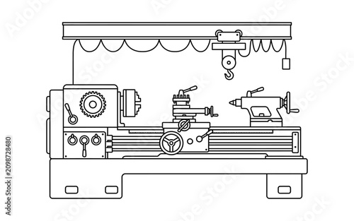 Lathe Machine Line Art Illustration with Overhead Crane