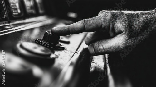 Close up of a hand pressing a button in monochrome style