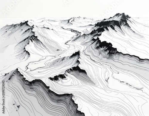 Abstract Topographic Map of Snow-Covered Mountain Peaks.