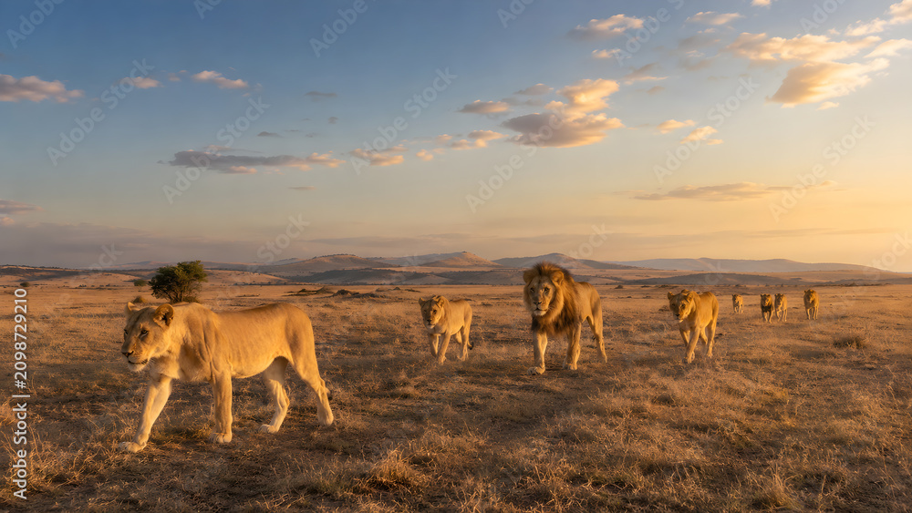 Fototapeta premium Lion Pride Moving Across Wide African Plain