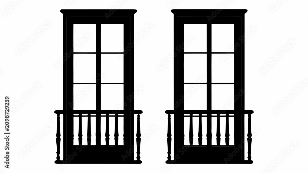 Obraz premium Elegant double French doors with balcony railing design. Classic architectural window silhouettes for modern and traditional interiors