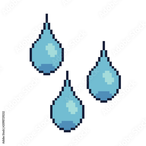 Three Dews of Rain Water Drops, Pixel Art Icon, Isolated