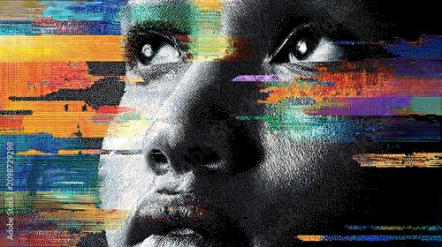 Abstract portrait of a man with vibrant digital glitch art effects.