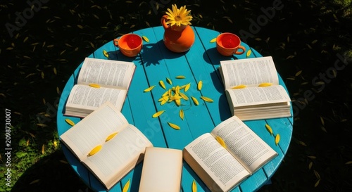 Books and Yellow Petals Arrange on a Vibrant Outdoor Table