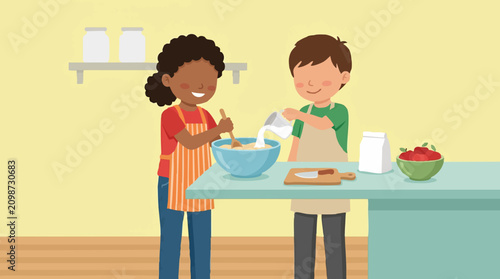 Slika na platnu Kids cooking together: boy pouring liquid, girl stirring batter