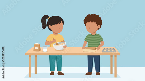 Photography Children baking cookies together, stirring batter and rolling dough