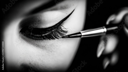 Applying eyeliner close up beauty and makeup concept in black and white
