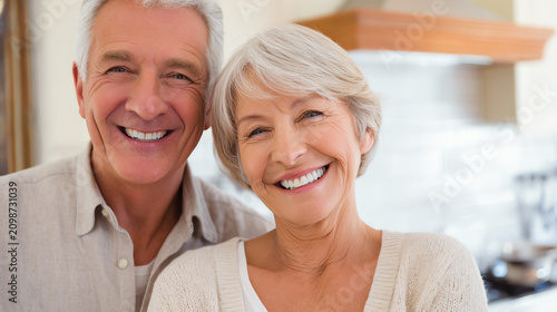 Happy senior couple smiling in a cozy kitchen, enjoying their time together with warmth and joy.