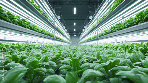 Lush green plants grow in a modern indoor farm under bright LED lights, showcasing sustainable agriculture and cultivation practices.
