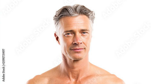 Portrait of a confident mature man with gray hair, showcasing a relaxed demeanor and strong facial features against a white background.