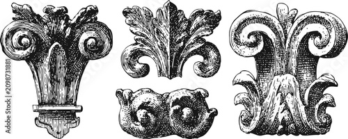 decorative antique engraving of classical architectural capitals and ornamental motifs