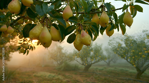 Misty pear orchard at dawn, early autumn banner with copy space