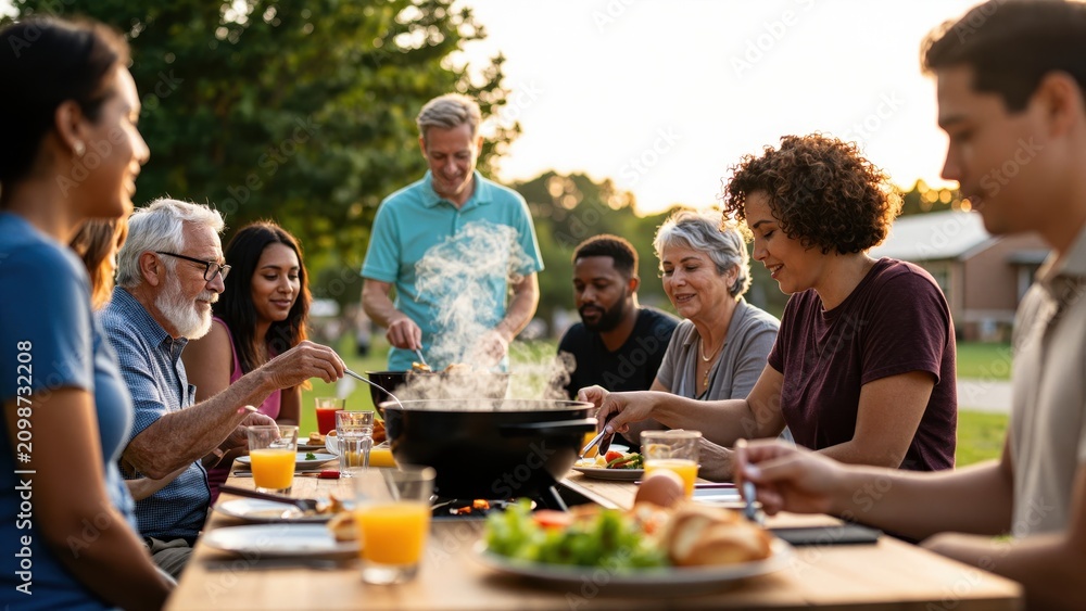 Obraz premium Outdoor Barbecue Gathering: A multi-generational family enjoys a sunny afternoon, sharing a meal around a table laden with food, while a man barbecues in the background.