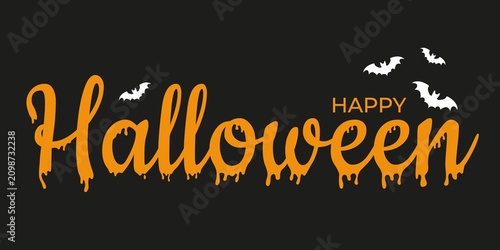 Stylized Happy Halloween text with dripping orange spooky font on black background, festive seasonal design with bats