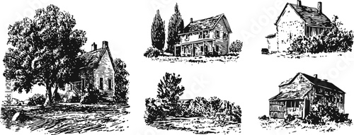 Hand drawn countryside house sketches with trees and rustic landscape elements illustration