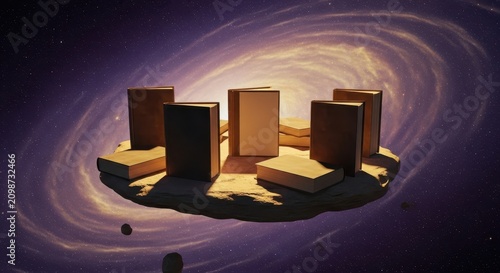 Books Illuminated in Cosmic Space Setting with Creative Highlights
