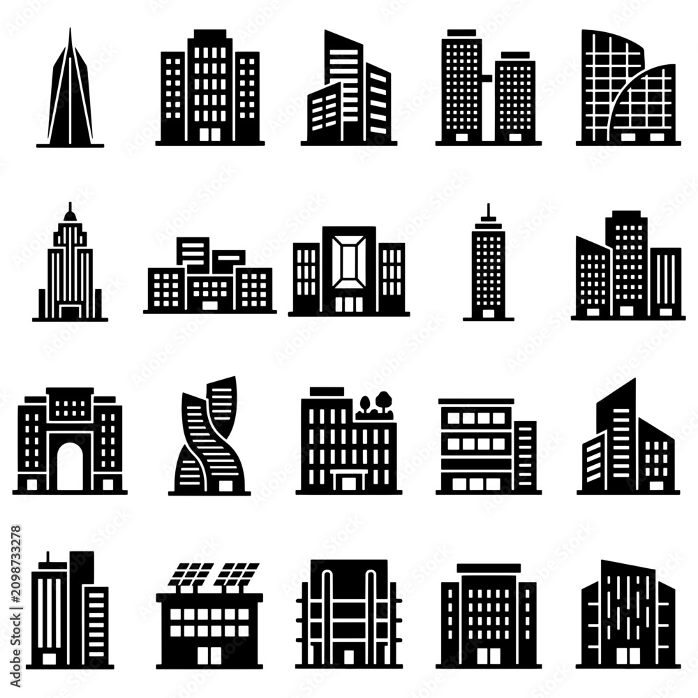 Obraz premium Corporate building icons set. Modern skyscraper and office architecture vector silhouettes.