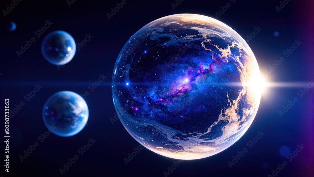 Obraz premium Cosmic Trio: A spectacular view of three planets against the backdrop of a dazzling nebula and a bright star, evoking wonder and the vastness of the universe.
