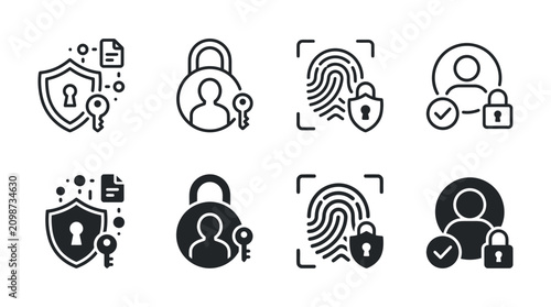 User account security and digital authentication identity icons set with security identity authentication fingerprint