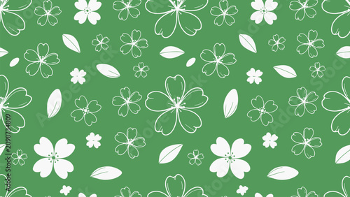 Repeated botanical pattern of white blossoms and leaves on olive green with seamless, botanical