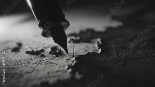 Ink pen pointing at map black and white illustration with high contrast