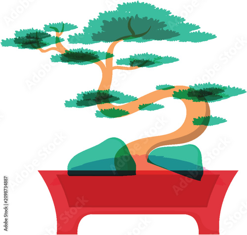 Photography Stylized Potted Bonsai Tree Vector Illustration in Risograph Print Style