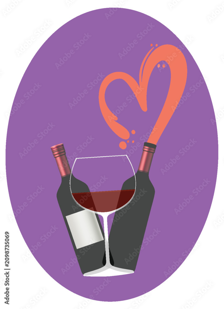 Obraz premium Risograph Style Wine Bottles and Glass with Heart Shaped Pour
