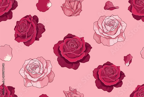 Seamless pattern of romantic red and pink roses on soft pastel background with seamless, botanical