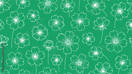 Seamless floral pattern with white hand drawn outline flowers on emerald green botanical seamless