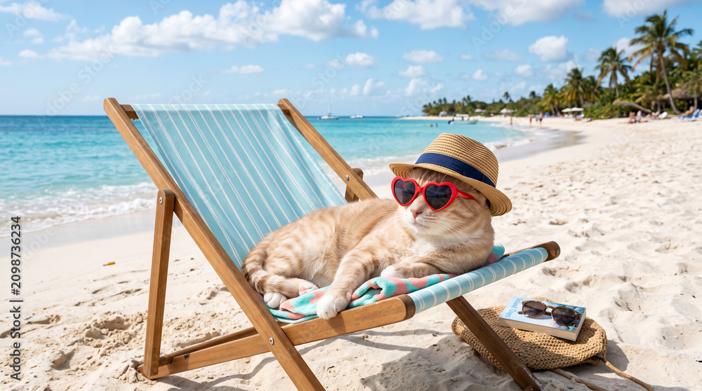 Obraz premium A cat relaxing on a beach chair with heart-shaped sunglasses and a hat, symbolizing vacation and enjoyment.