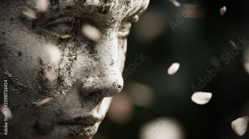 Close up of a weathered stone sculpture of a human face with blurred background