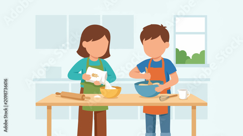 Slika na platnu Two children baking in kitchen, pouring flour and stirring ingredients