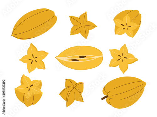 Canvastavla Starfruit collection including whole carambola, sliced star shaped pieces, longi