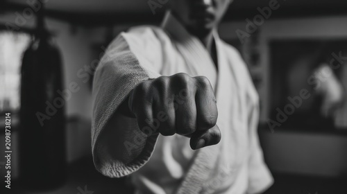 Karate practitioners fist in focus black and white artistic presentation