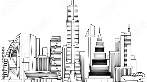 Skyscrapers and Modern Buildings Illustration with Unique Architectural Designs and High-Rise Structures in a Cityscape
