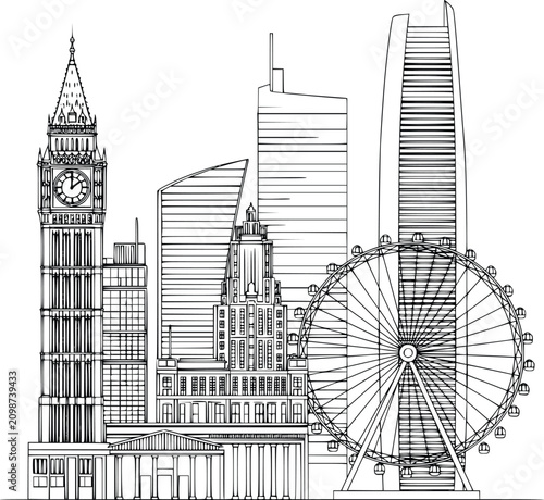 Big Ben Clock Tower Illustration with Modern Skyscrapers and London Eye Ferris Wheel in Minimalist Line Art Style
