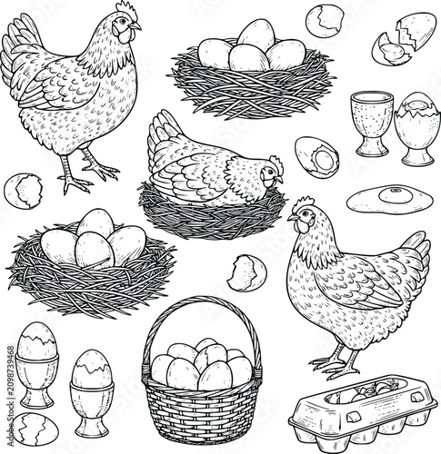 Chicken Nesting Set Illustration with Eggs in Basket, Nest Grass, Shells, and Dietary Cup on White Background for Easter Concept Design