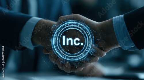 Two business professionals shaking hands with a glowing digital circle displaying 