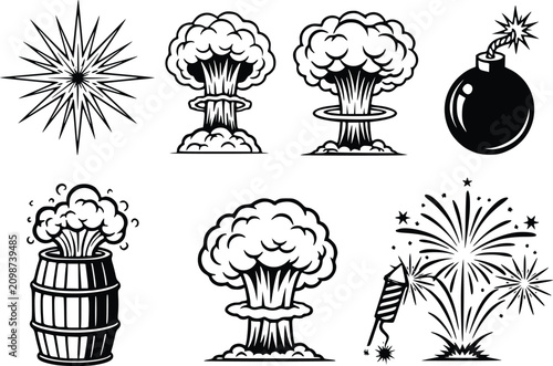 Explosion Symbol Icon Set with Mushroom Cloud, Bomb Blast, Smoke Puffs, and Firework Sparks for Warning Concept Graphics