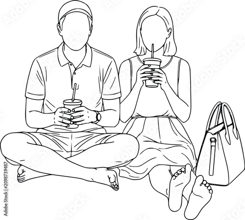 People Sitting on Couch Holding Mug and Books, Line Art Illustration of Relaxed Home Life and Cozy Lifestyle Concept
