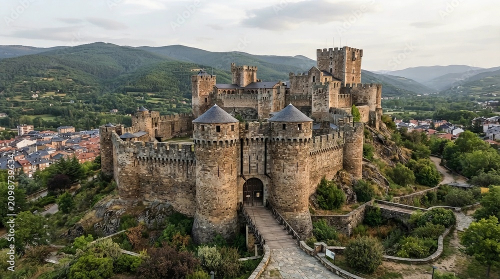 Obraz premium Long narrow ship-shaped Penafiel Castle fortress on a limestone ridge, historic Castilian stronghold, dramatic landscape, Spain travel, no people, 8k.