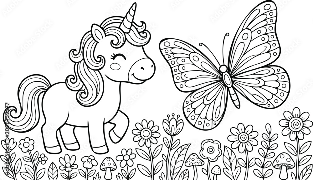 Fototapeta premium Black and white line of a unicorn and a giant butterfly with floral patterns line unicorn