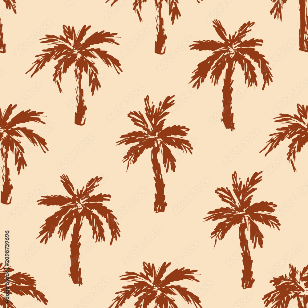 Fototapeta premium Seamless pattern with hand drawn palm trees in retro style. Muted beige and brown tones create a calm summer resort mood. Tile like layout with simple geometric structure. Perfect for textiles apparel