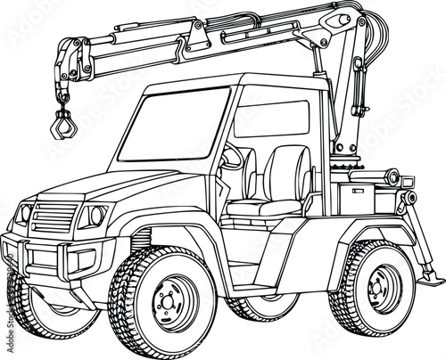 Construction Crane Truck Line Art Illustration with Detailed Boom, Bucket, and Rugged Tires for Industrial Design Concept