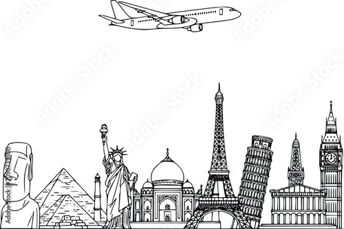 Airplane and Landmark City Skyline Travel Concept with Line Art Illustrations for Tourism Posters and Educational Design