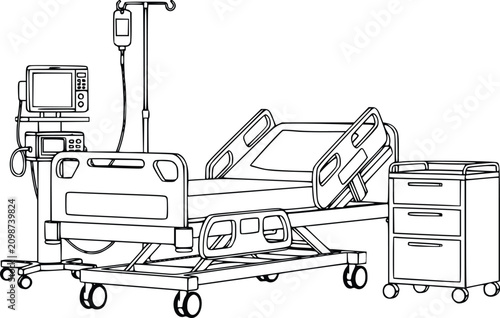 Hospital Bed with Medical Equipment and Supplies in a Healthcare Setting Illustration Featuring Patient Care, Patient Care Design, Patient Care